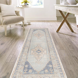 Sky blue 2' x 6' Whitney Runner Area Rug Classic Vintage Distressed Look Traditional Persian Inspired Carpet for Home Decor for Sale at Rug Engine