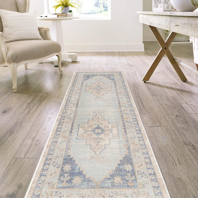 Sky blue 2' x 6' Whitney Runner Area Rug Classic Vintage Distressed Look Traditional Persian Inspired Carpet for Home Decor for Sale at Rug Engine