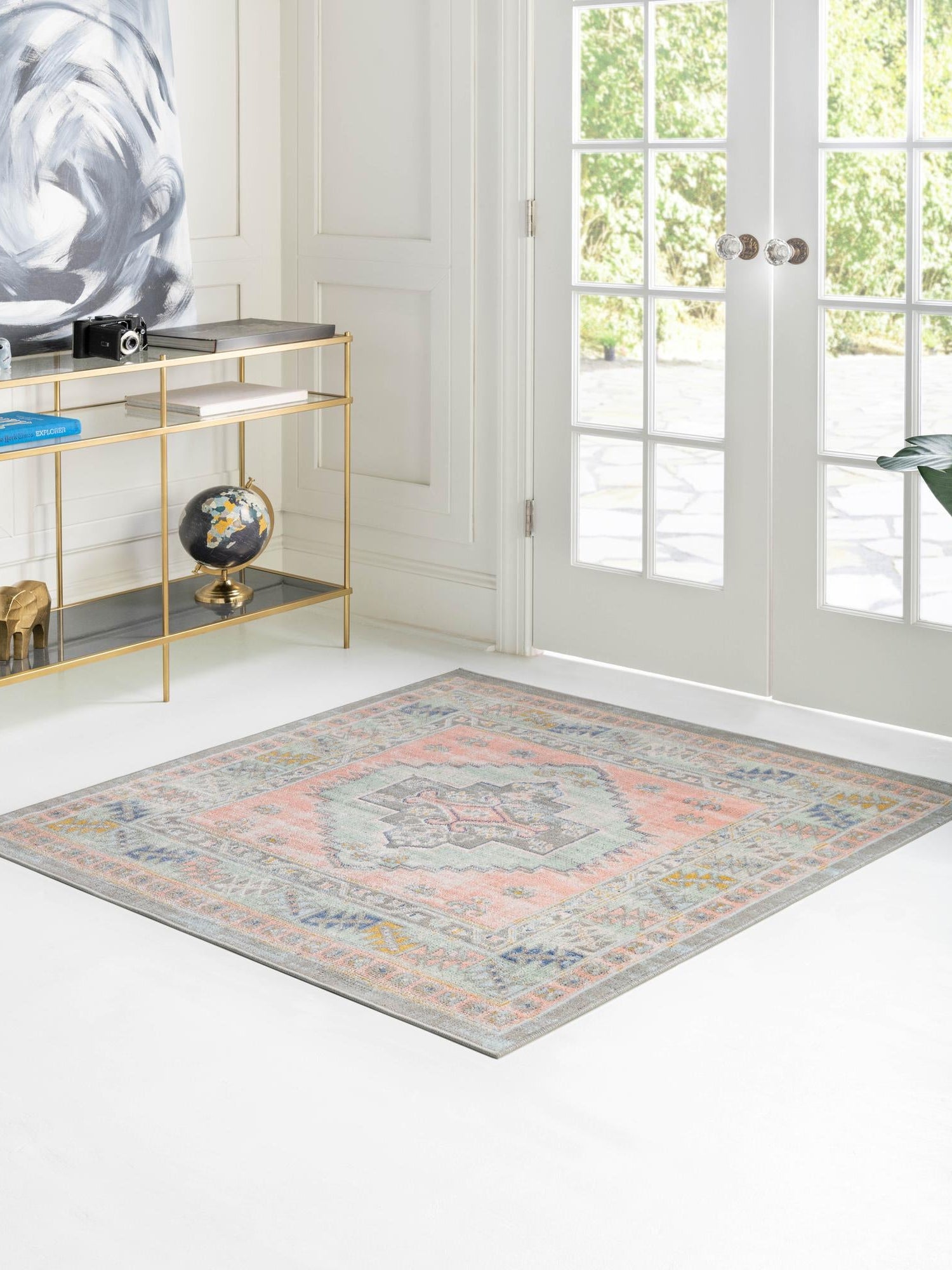 Pink 7' 10 x 7' 10 Whitney Square Area Rug Classic Vintage Distressed Look Traditional Persian Inspired Carpet for Home Decor for Sale at Rug Engine