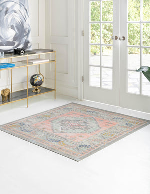 Pink 7' 10 x 7' 10 Whitney Square Area Rug Classic Vintage Distressed Look Traditional Persian Inspired Carpet for Home Decor for Sale at Rug Engine
