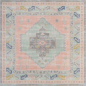 Pink 7' 10 x 7' 10 Whitney Square Area Rug Classic Vintage Distressed Look Traditional Persian Inspired Carpet for Home Decor for Sale at Rug Engine