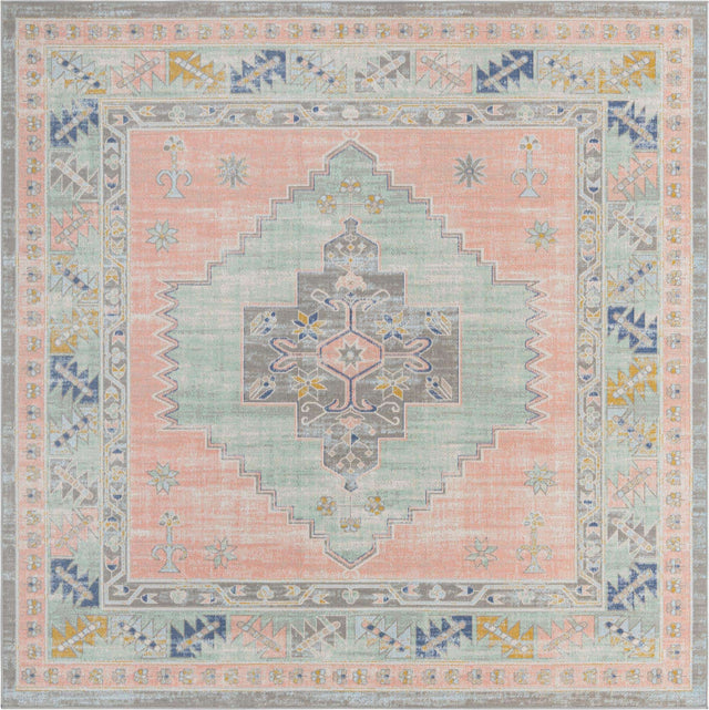 Pink 7' 10 x 7' 10 Whitney Square Area Rug Classic Vintage Distressed Look Traditional Persian Inspired Carpet for Home Decor for Sale at Rug Engine
