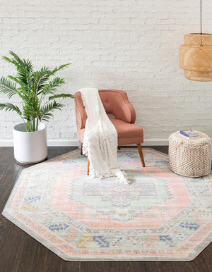Pink 7' x 7' Whitney Octagon Area Rug Classic Vintage Distressed Look Traditional Persian Inspired Carpet for Home Decor for Sale at Rug Engine