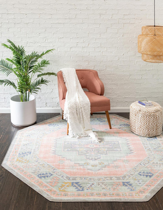 Pink 7' x 7' Whitney Octagon Area Rug Classic Vintage Distressed Look Traditional Persian Inspired Carpet for Home Decor for Sale at Rug Engine