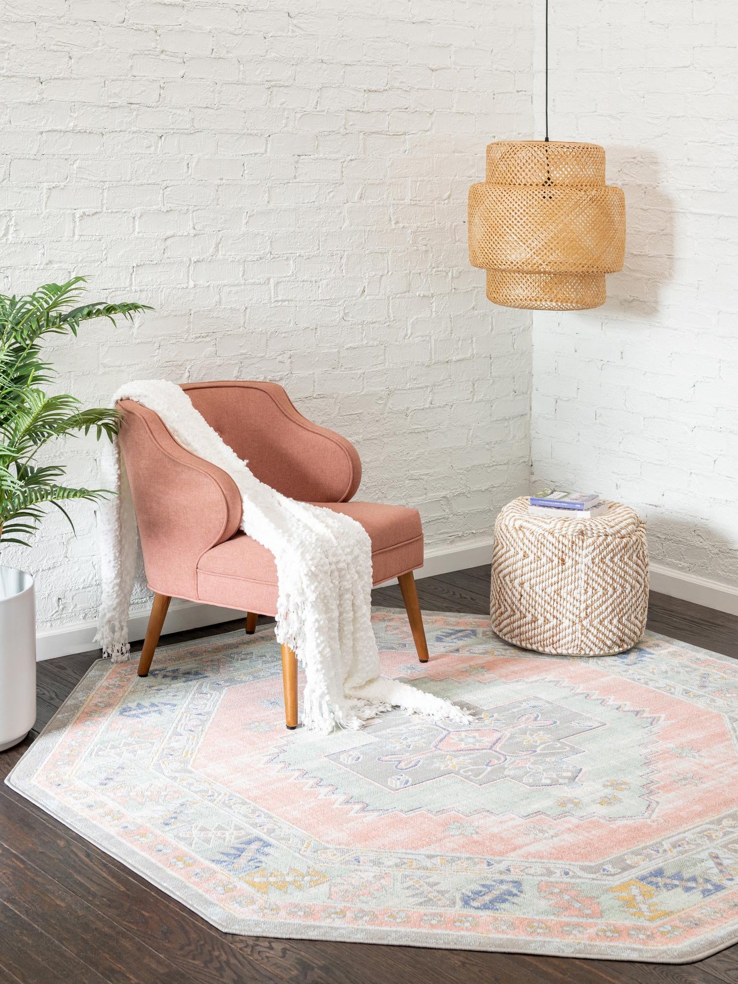Pink 7' x 7' Whitney Octagon Area Rug Classic Vintage Distressed Look Traditional Persian Inspired Carpet for Home Decor for Sale at Rug Engine