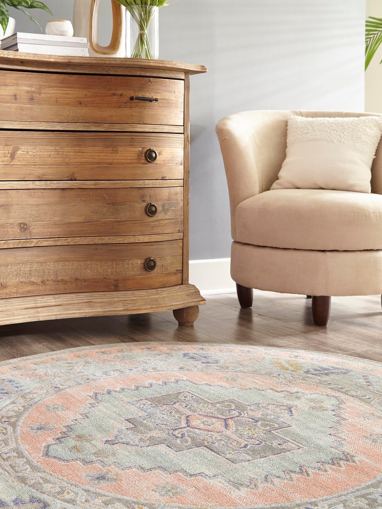 Pink 10' x 10' Whitney Round Area Rug Classic Vintage Distressed Look Traditional Persian Inspired Carpet for Home Decor for Sale at Rug Engine