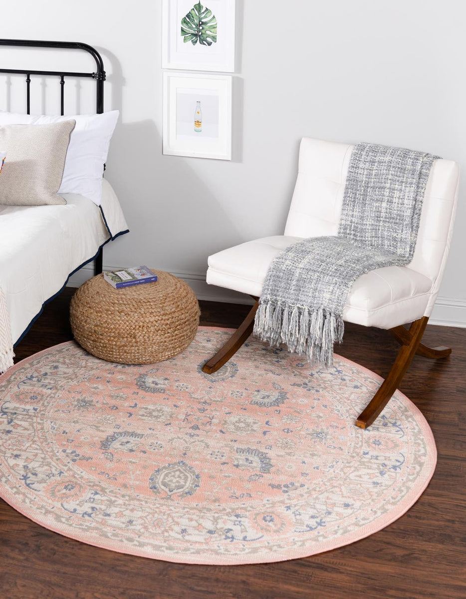 Powder Pink 7' x 7' Whitney Round Area Rug Classic Vintage Distressed ...