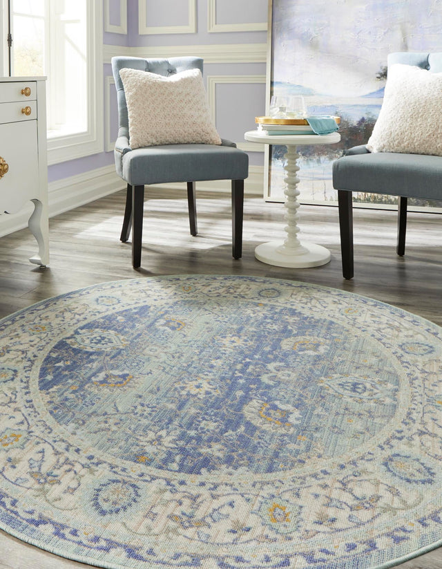 French Blue 7' 1 x 7' 1 Whitney Round Area Rug Classic Vintage Distressed Look Traditional Persian Inspired Carpet for Home Decor for Sale at Rug Engine