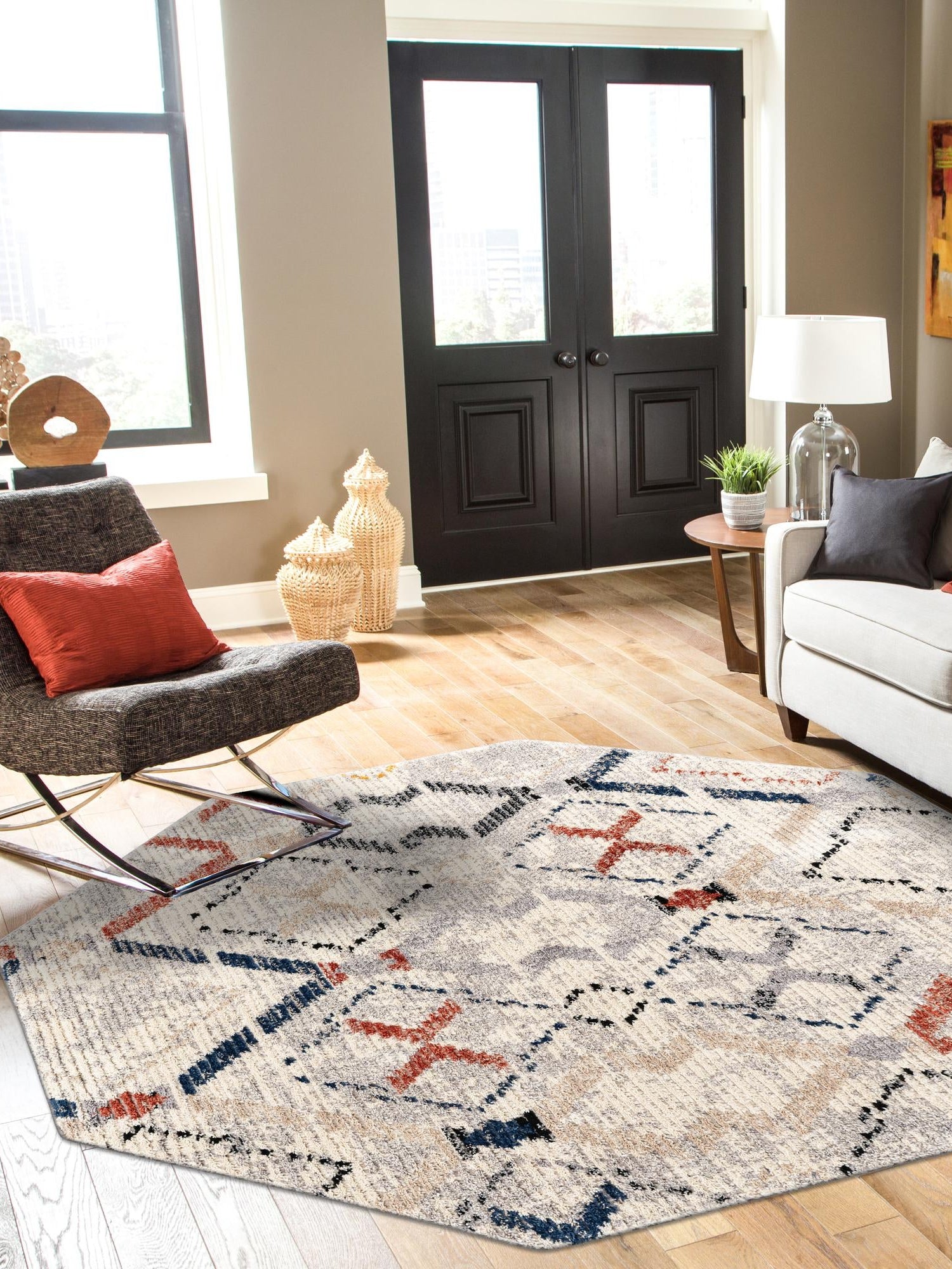 Multicolor 7' x 7' Tucson Octagon Area Rug 100% Polyester Unique Modern Carpet for Dining Rooms, Living Room, Bedrooms, Office Space for Sale at Rug Engine