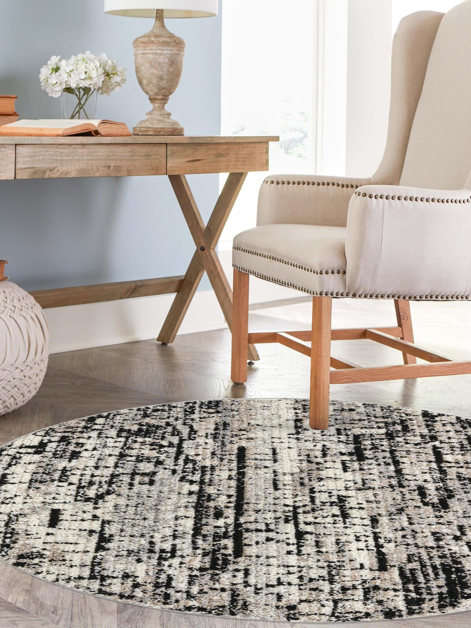 Gray 7' x 7' Tucson Round Area Rug 100% Polyester Unique Modern Carpet for Dining Rooms, Living Room, Bedrooms, Office Space for Sale at Rug Engine