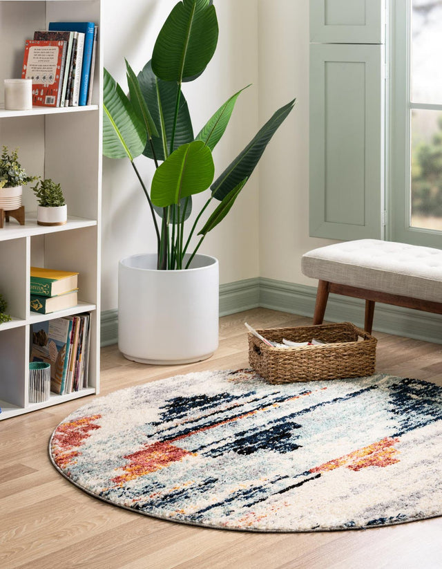 Multicolor 3' x 3' Tucson Round Area Rug 100% Polyester Unique Modern Carpet for Dining Rooms, Living Room, Bedrooms, Office Space for Sale at Rug Engine