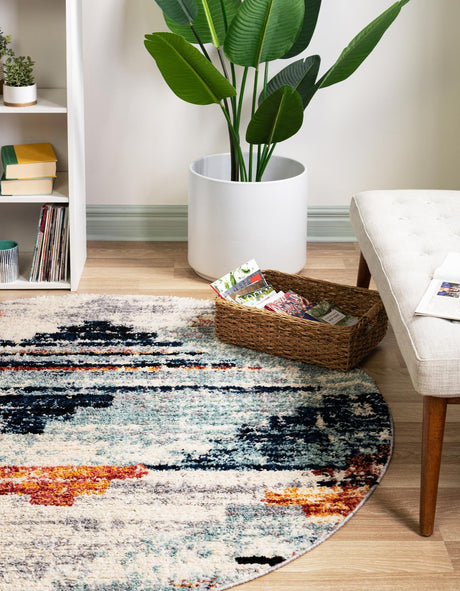 Multicolor 5' x 5' Tucson Round Area Rug 100% Polyester Unique Modern Carpet for Dining Rooms, Living Room, Bedrooms, Office Space for Sale at Rug Engine