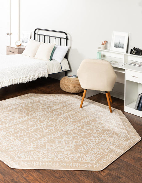 Beige 7' x 7' Oxford Octagon Area Rug Traditional Design 100% Polypropylene Carpet for Living Room, Bedrooms, Dining, Office for Sale at Rug Engine