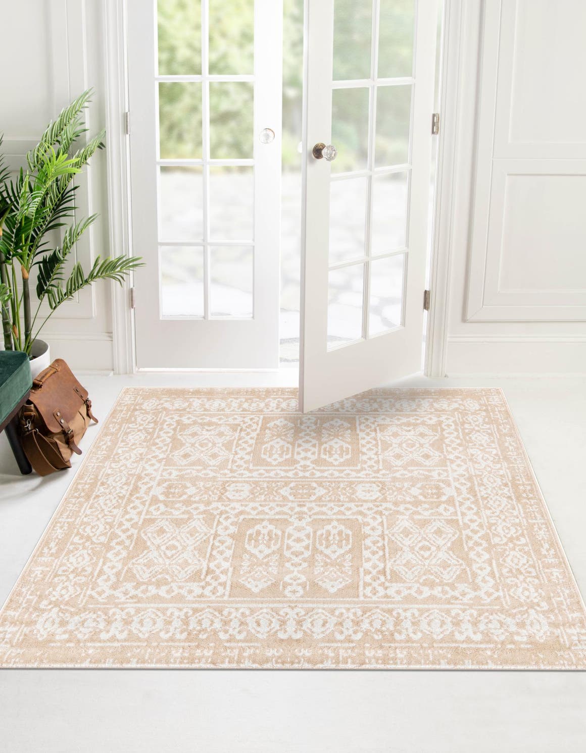 Beige 7' 10 x 7' 10 Oxford Square Area Rug Traditional Design 100% Polypropylene Carpet for Living Room, Bedrooms, Dining, Office for Sale at Rug Engine