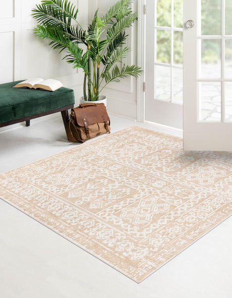 Beige 4' 1 x 4' 1 Oxford Square Area Rug Traditional Design 100% Polypropylene Carpet for Living Room, Bedrooms, Dining, Office for Sale at Rug Engine