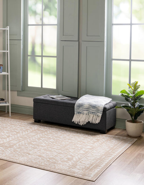 Beige 6' 1 x 9' Oxford Rectangle Area Rug Traditional Design 100% Polypropylene Carpet for Living Room, Bedrooms, Dining, Office for Sale at Rug Engine