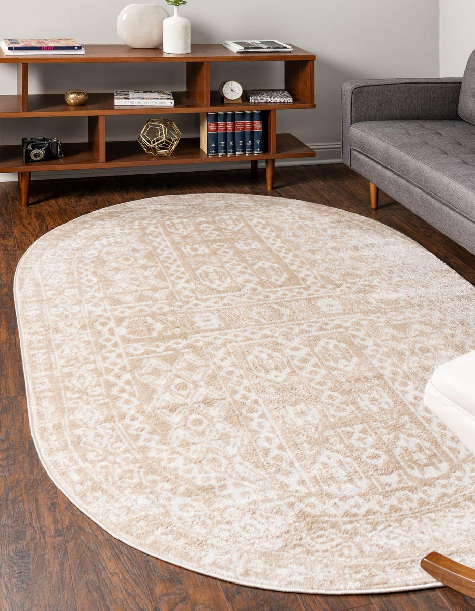 Off Center Rugs Beige 4' x 6' Oxford Oval Area Rug Traditional Design 100% Polypropyle ...