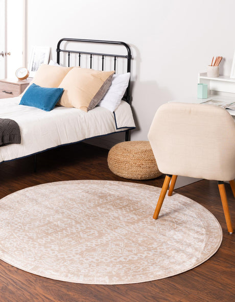 Beige 5' x 5' Oxford Round Area Rug Traditional Design 100% Polypropylene Carpet for Living Room, Bedrooms, Dining, Office for Sale at Rug Engine