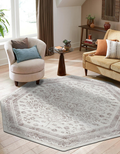 Cream 7' 1 x 7' 1 Oxford Octagon Area Rug Traditional Design 100% Polypropylene Carpet for Living Room, Bedrooms, Dining, Office for Sale at Rug Engine