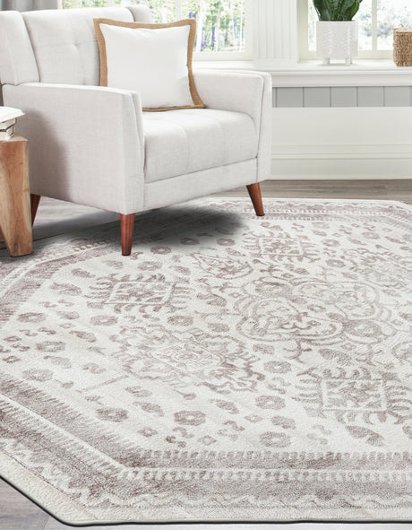 Cream 7' 1 x 7' 1 Oxford Octagon Area Rug Traditional Design 100% Polypropylene Carpet for Living Room, Bedrooms, Dining, Office for Sale at Rug Engine