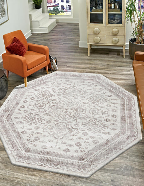Cream 7' 1 x 7' 1 Oxford Octagon Area Rug Traditional Design 100% Polypropylene Carpet for Living Room, Bedrooms, Dining, Office for Sale at Rug Engine