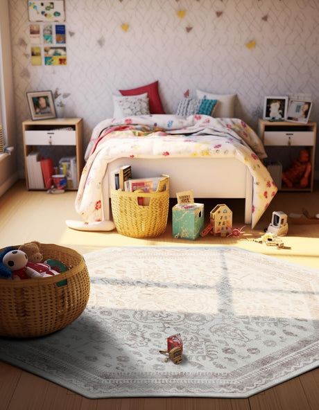 Cream 7' 1 x 7' 1 Oxford Octagon Area Rug Traditional Design 100% Polypropylene Carpet for Living Room, Bedrooms, Dining, Office for Sale at Rug Engine