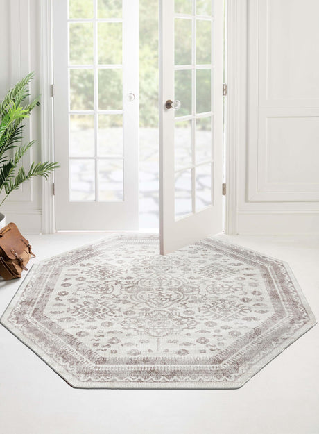 Cream 7' 1 x 7' 1 Oxford Octagon Area Rug Traditional Design 100% Polypropylene Carpet for Living Room, Bedrooms, Dining, Office for Sale at Rug Engine