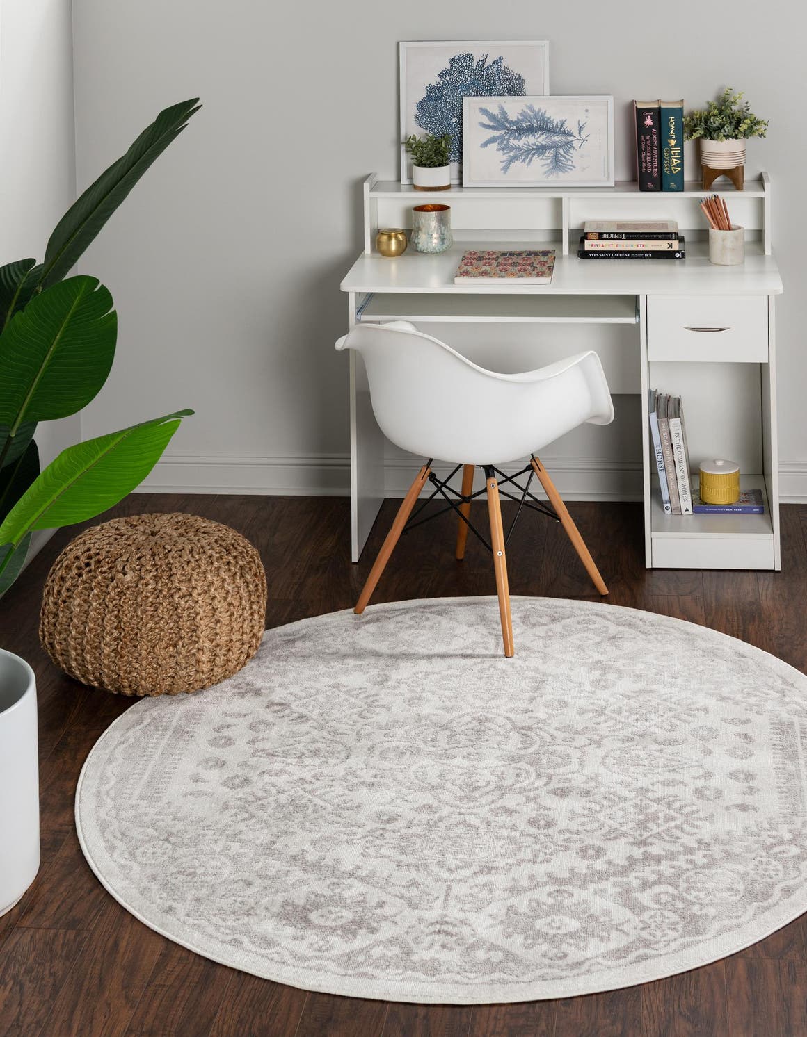 Cream 7' 1 x 7' 1 Oxford Round Area Rug Traditional Design 100% Polypropylene Carpet for Living Room, Bedrooms, Dining, Office for Sale at Rug Engine