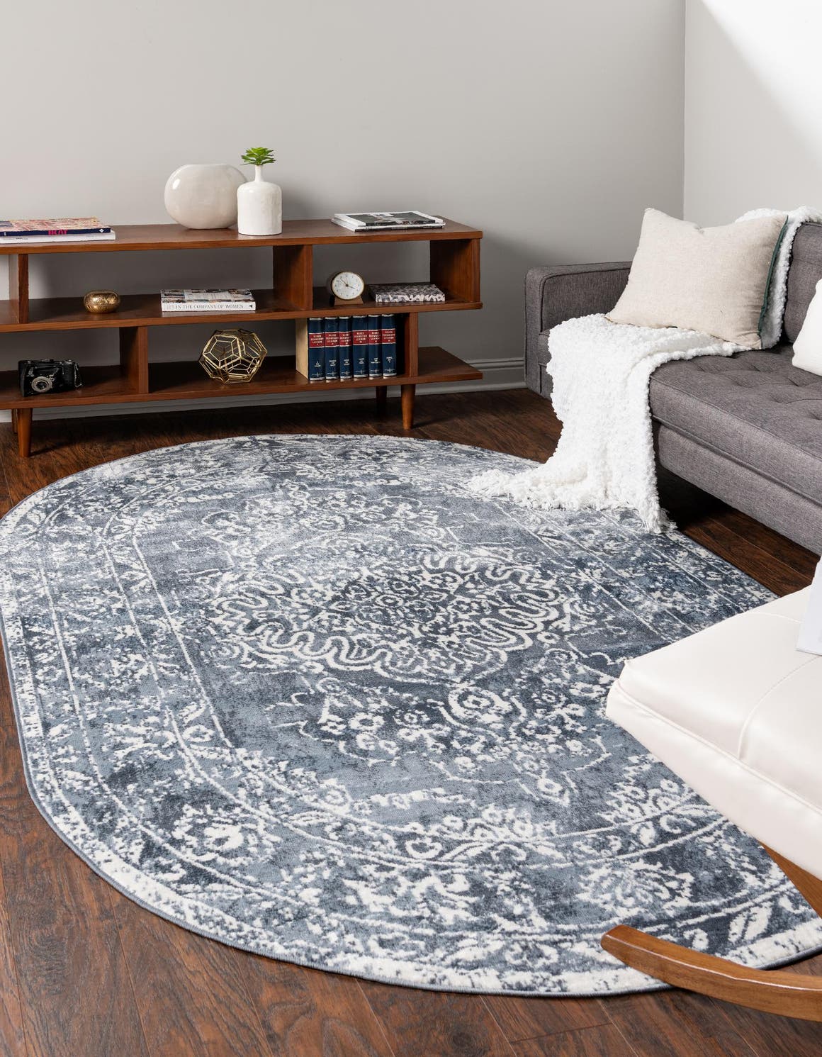 Blue 5' 3 x 8' Oxford Oval Area Rug Traditional Design 100% Polypropylene Carpet for Living Room, Bedrooms, Dining, Office for Sale at Rug Engine