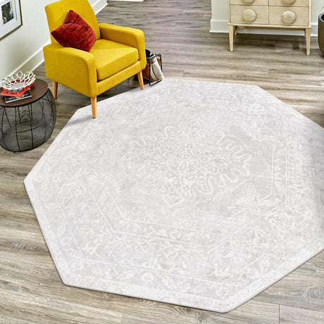 Gray 7' 1 x 7' 1 Oxford Octagon Area Rug Traditional Design 100% Polypropylene Carpet for Living Room, Bedrooms, Dining, Office for Sale at Rug Engine