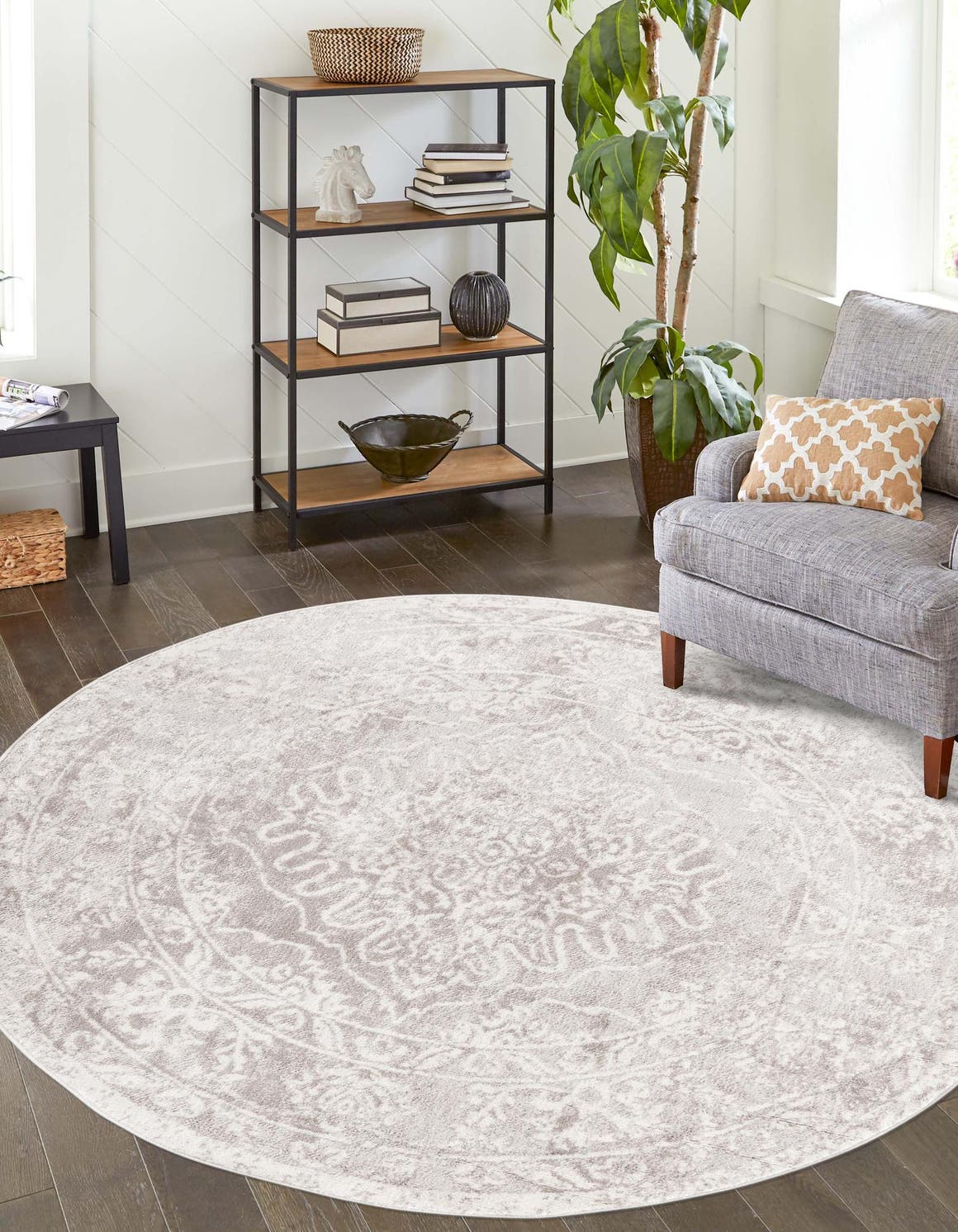 Gray 5' 3 x 5' 3 Oxford Round Area Rug Traditional Design 100% Polypropylene Carpet for Living Room, Bedrooms, Dining, Office for Sale at Rug Engine