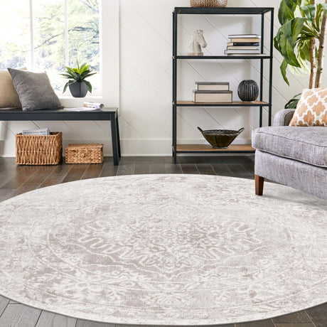 Gray 7' 1 x 7' 1 Oxford Round Area Rug Traditional Design 100% Polypropylene Carpet for Living Room, Bedrooms, Dining, Office for Sale at Rug Engine