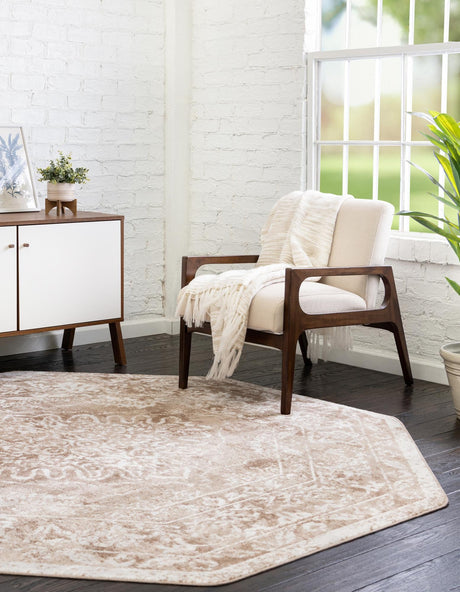 Beige 7' x 7' Oxford Octagon Area Rug Traditional Design 100% Polypropylene Carpet for Living Room, Bedrooms, Dining, Office for Sale at Rug Engine