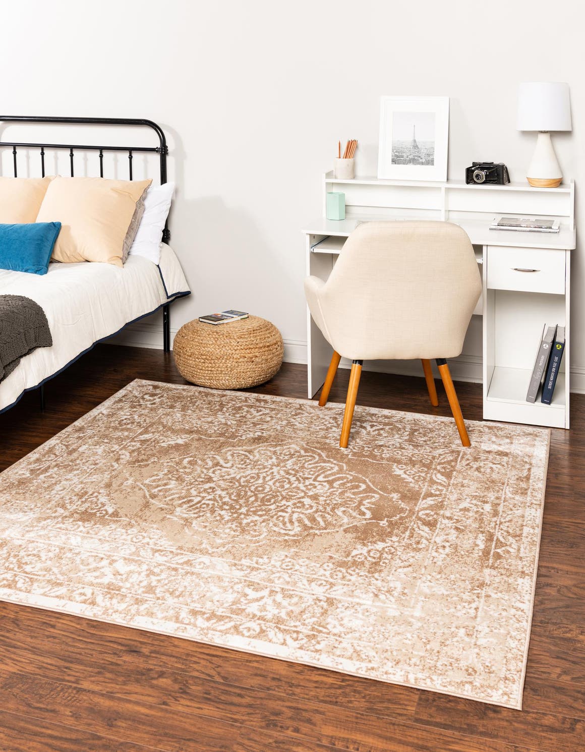Beige 7' 10 x 7' 10 Oxford Square Area Rug Traditional Design 100% Polypropylene Carpet for Living Room, Bedrooms, Dining, Office for Sale at Rug Engine