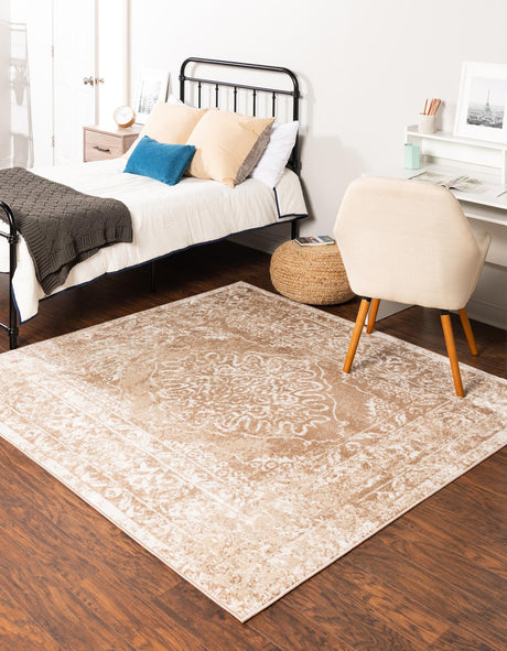 Beige 6' x 6' Oxford Square Area Rug Traditional Design 100% Polypropylene Carpet for Living Room, Bedrooms, Dining, Office for Sale at Rug Engine