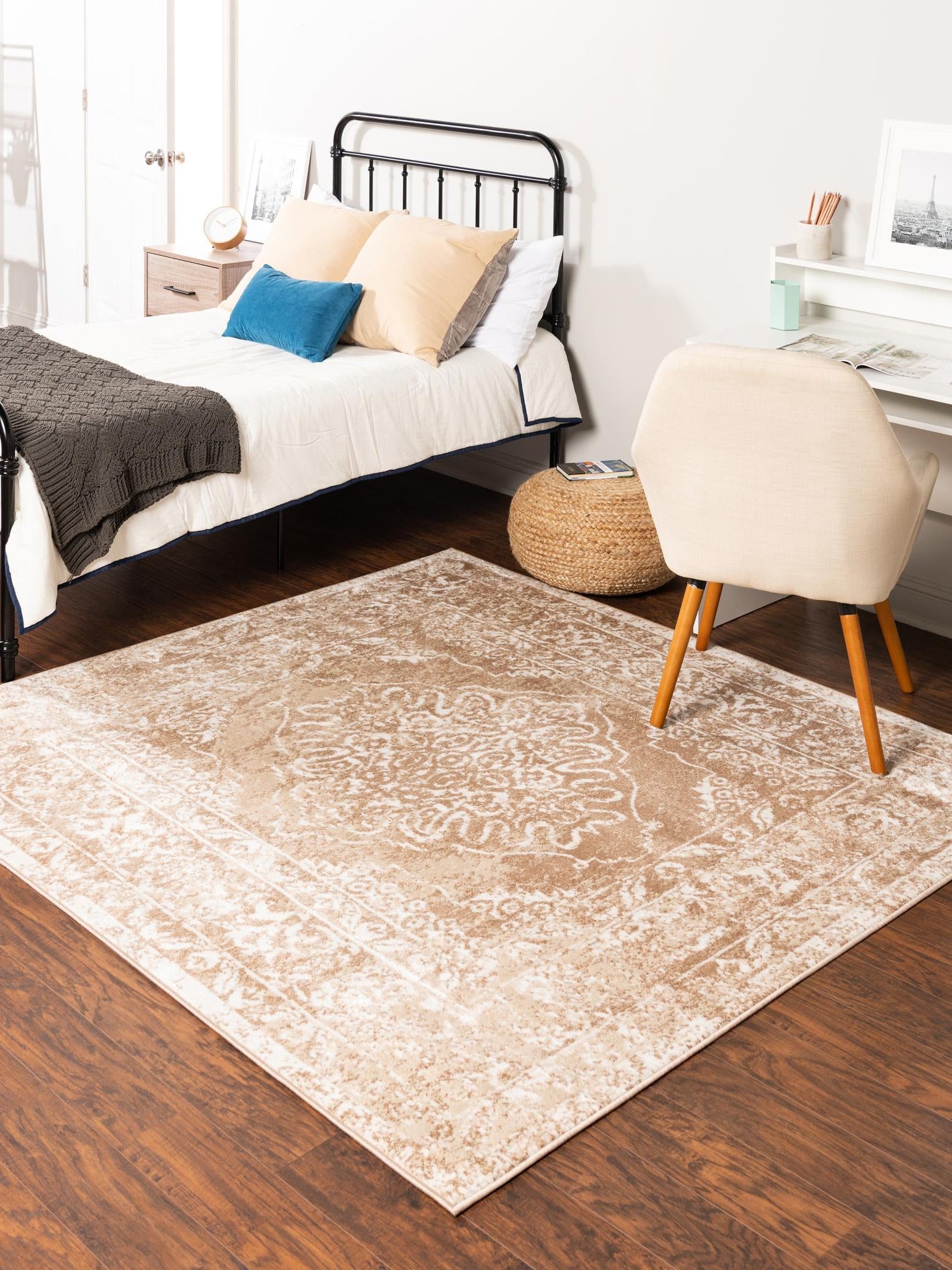 Beige 7' 10 x 7' 10 Oxford Square Area Rug Traditional Design 100% Polypropylene Carpet for Living Room, Bedrooms, Dining, Office for Sale at Rug Engine