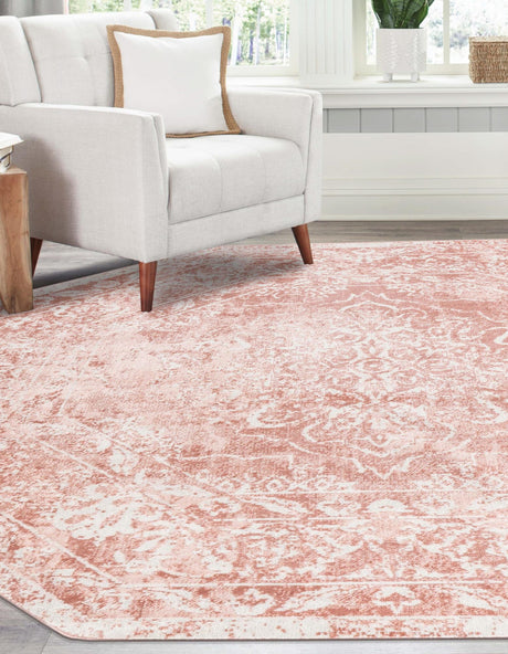 Pink 7' x 7' Oxford Octagon Area Rug Traditional Design 100% Polypropylene Carpet for Living Room, Bedrooms, Dining, Office for Sale at Rug Engine