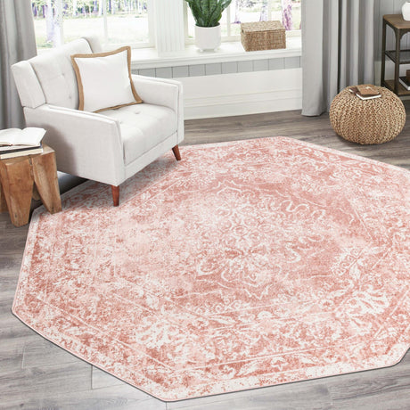 Pink 7' x 7' Oxford Octagon Area Rug Traditional Design 100% Polypropylene Carpet for Living Room, Bedrooms, Dining, Office for Sale at Rug Engine