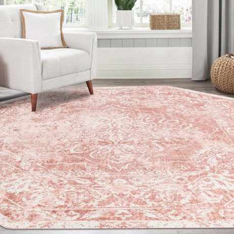 Pink 7' x 7' Oxford Octagon Area Rug Traditional Design 100% Polypropylene Carpet for Living Room, Bedrooms, Dining, Office for Sale at Rug Engine
