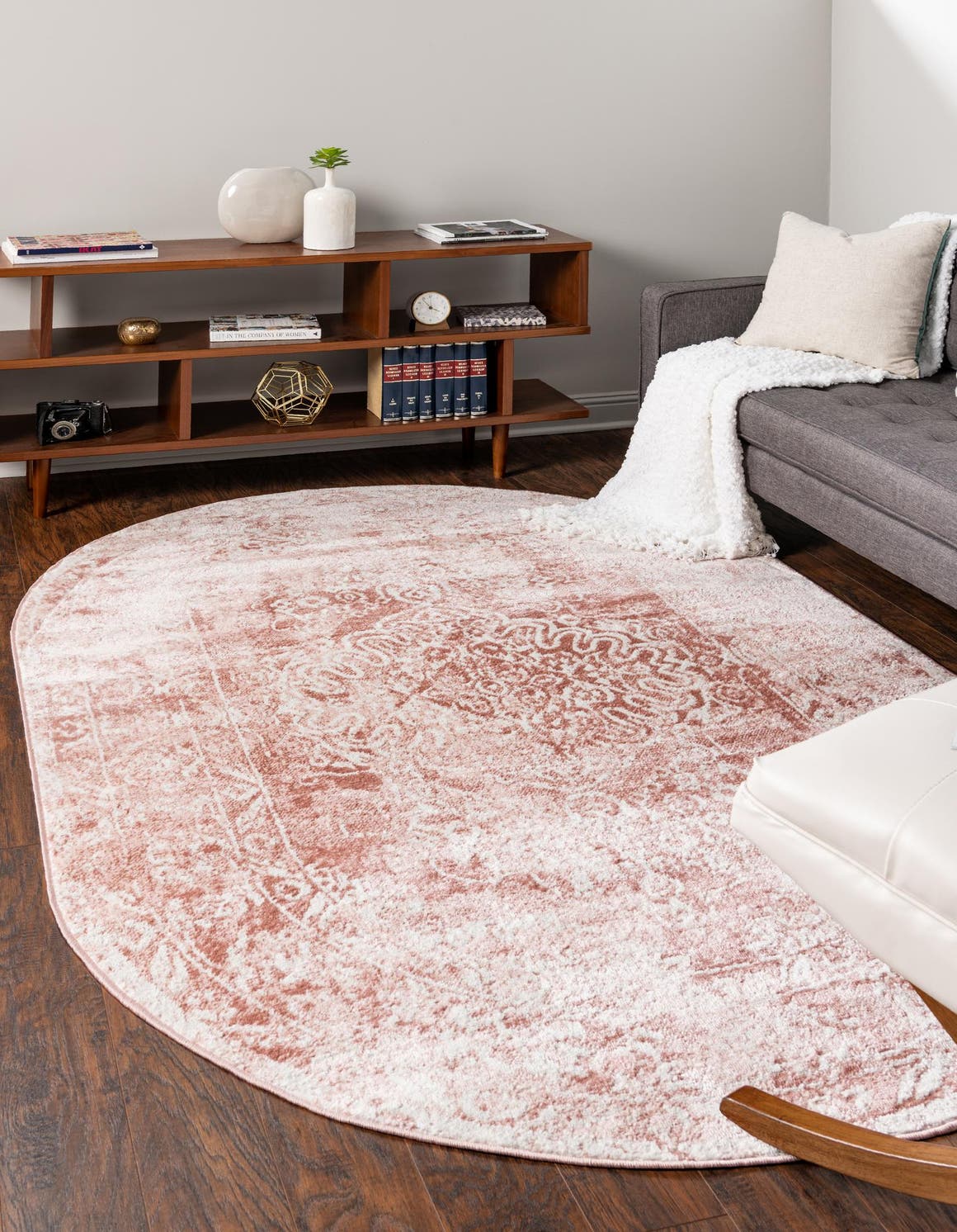 Pink 5' 3 x 8' Oxford Oval Area Rug Traditional Design 100% Polypropylene Carpet for Living Room, Bedrooms, Dining, Office for Sale at Rug Engine