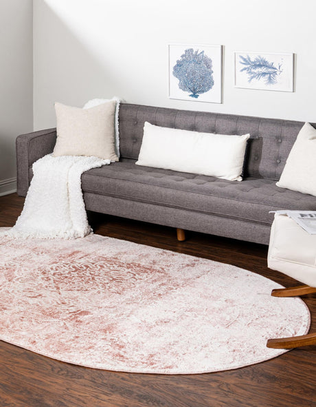 Pink 5' 3 x 8' Oxford Oval Area Rug Traditional Design 100% Polypropylene Carpet for Living Room, Bedrooms, Dining, Office for Sale at Rug Engine