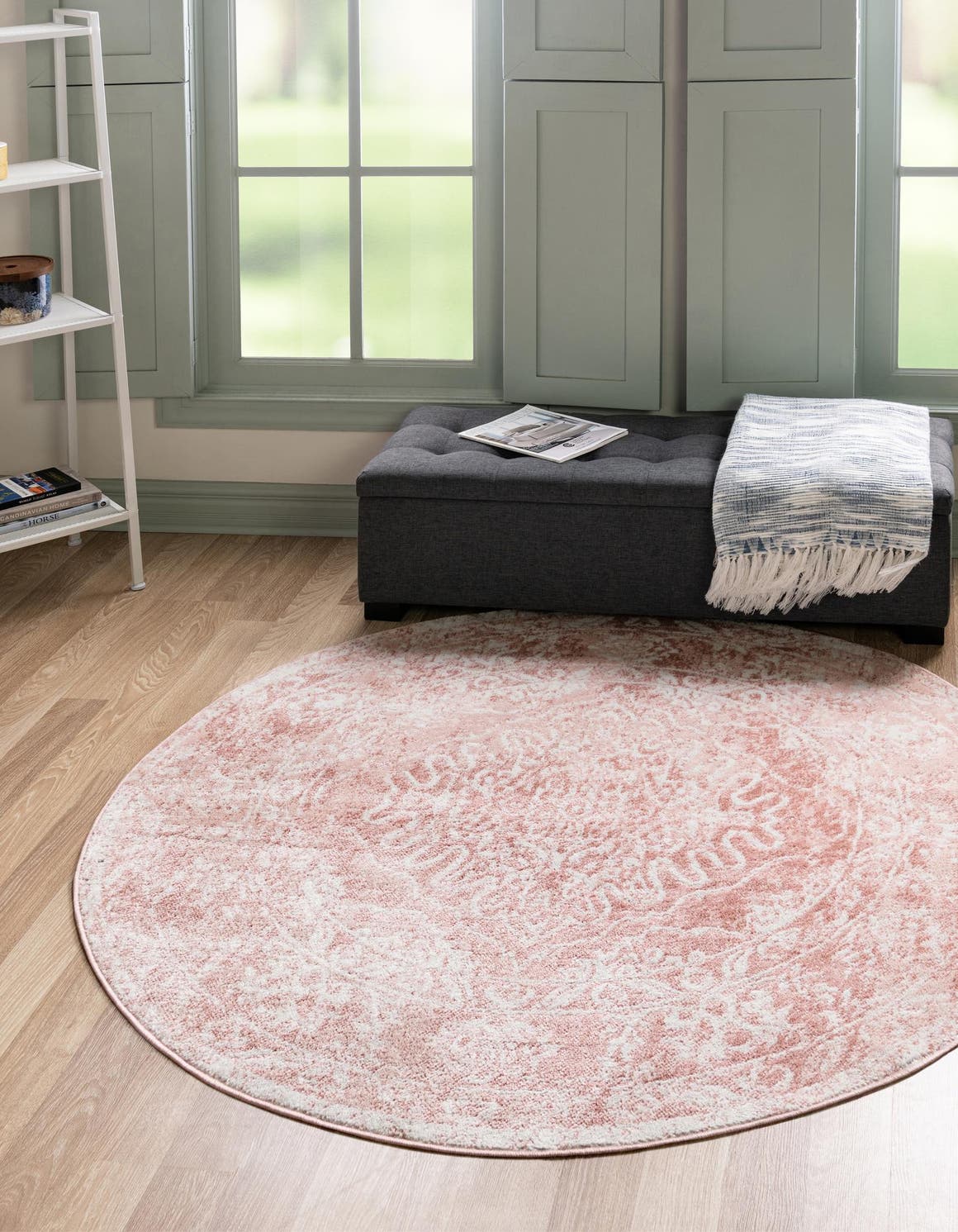 Pink 5' 3 x 5' 3 Oxford Round Area Rug Traditional Design 100% Polypropylene Carpet for Living Room, Bedrooms, Dining, Office for Sale at Rug Engine