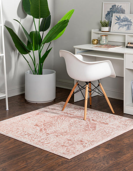 Pink 6' x 6' Oxford Square Area Rug Traditional Design 100% Polypropylene Carpet for Living Room, Bedrooms, Dining, Office for Sale at Rug Engine