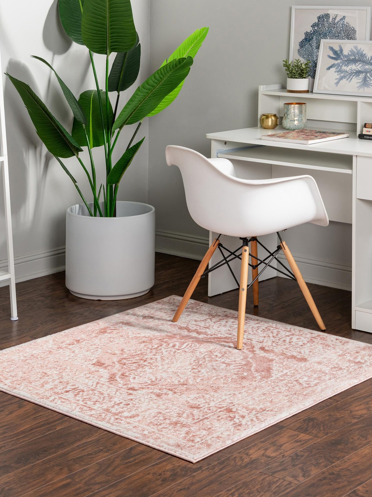 Pink 4' 1 x 4' 1 Oxford Square Area Rug Traditional Design 100% Polypropylene Carpet for Living Room, Bedrooms, Dining, Office for Sale at Rug Engine