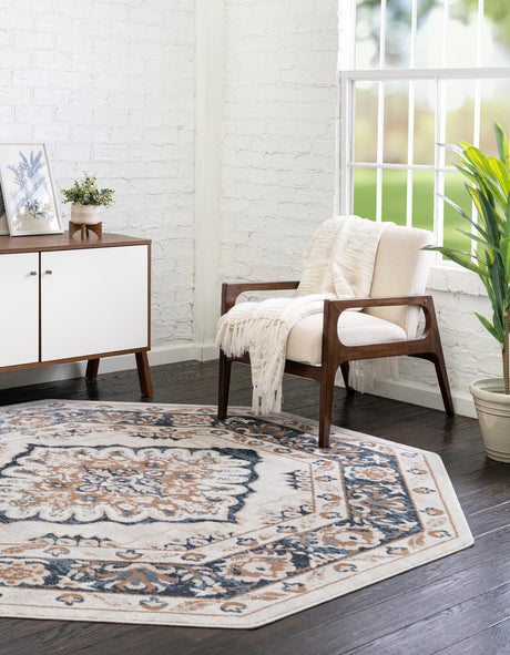 Cream 7' x 7' Oxford Octagon Area Rug Traditional Design 100% Polypropylene Carpet for Living Room, Bedrooms, Dining, Office for Sale at Rug Engine