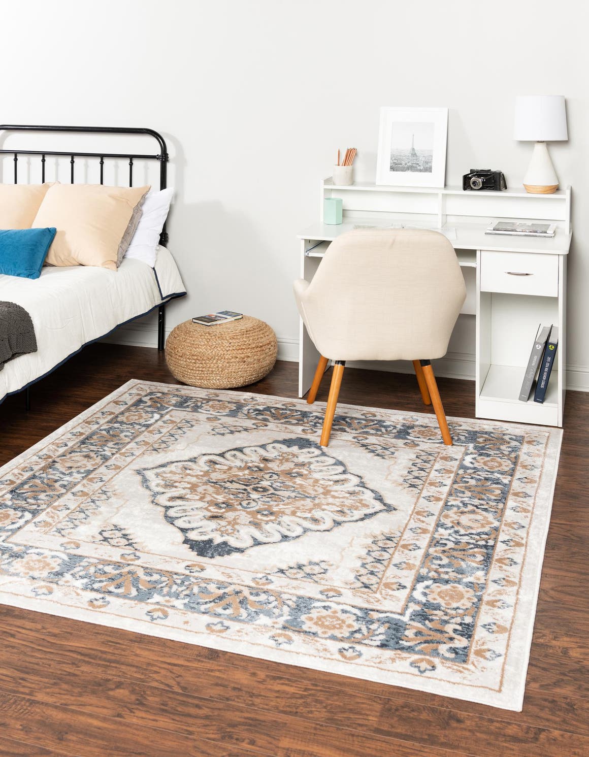 Cream 7' 10 x 7' 10 Oxford Square Area Rug Traditional Design 100% Polypropylene Carpet for Living Room, Bedrooms, Dining, Office for Sale at Rug Engine