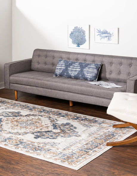 Cream 4' 1 x 6' 1 Oxford Rectangle Area Rug Traditional Design 100% Polypropylene Carpet for Living Room, Bedrooms, Dining, Office for Sale at Rug Engine
