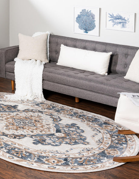 Cream 5' x 8' Oxford Oval Area Rug Traditional Design 100% Polypropylene Carpet for Living Room, Bedrooms, Dining, Office for Sale at Rug Engine