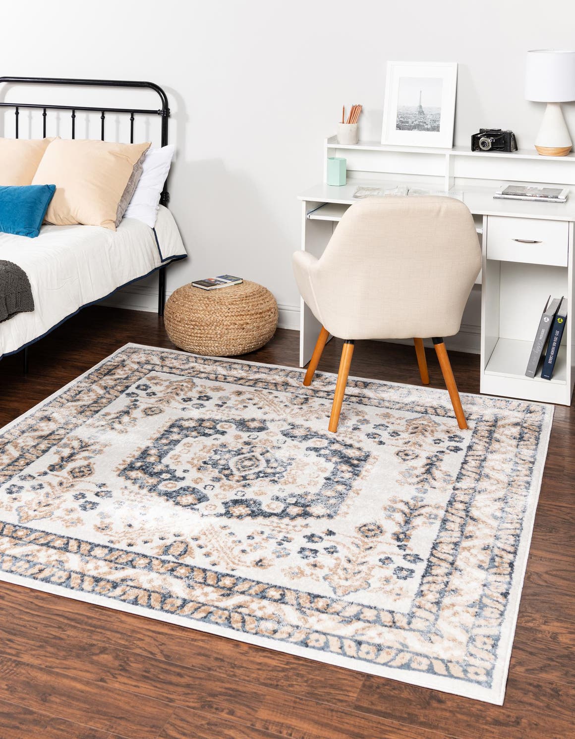 Cream 4' 1 x 4' 1 Oxford Square Area Rug Traditional Design 100% Polypropylene Carpet for Living Room, Bedrooms, Dining, Office for Sale at Rug Engine