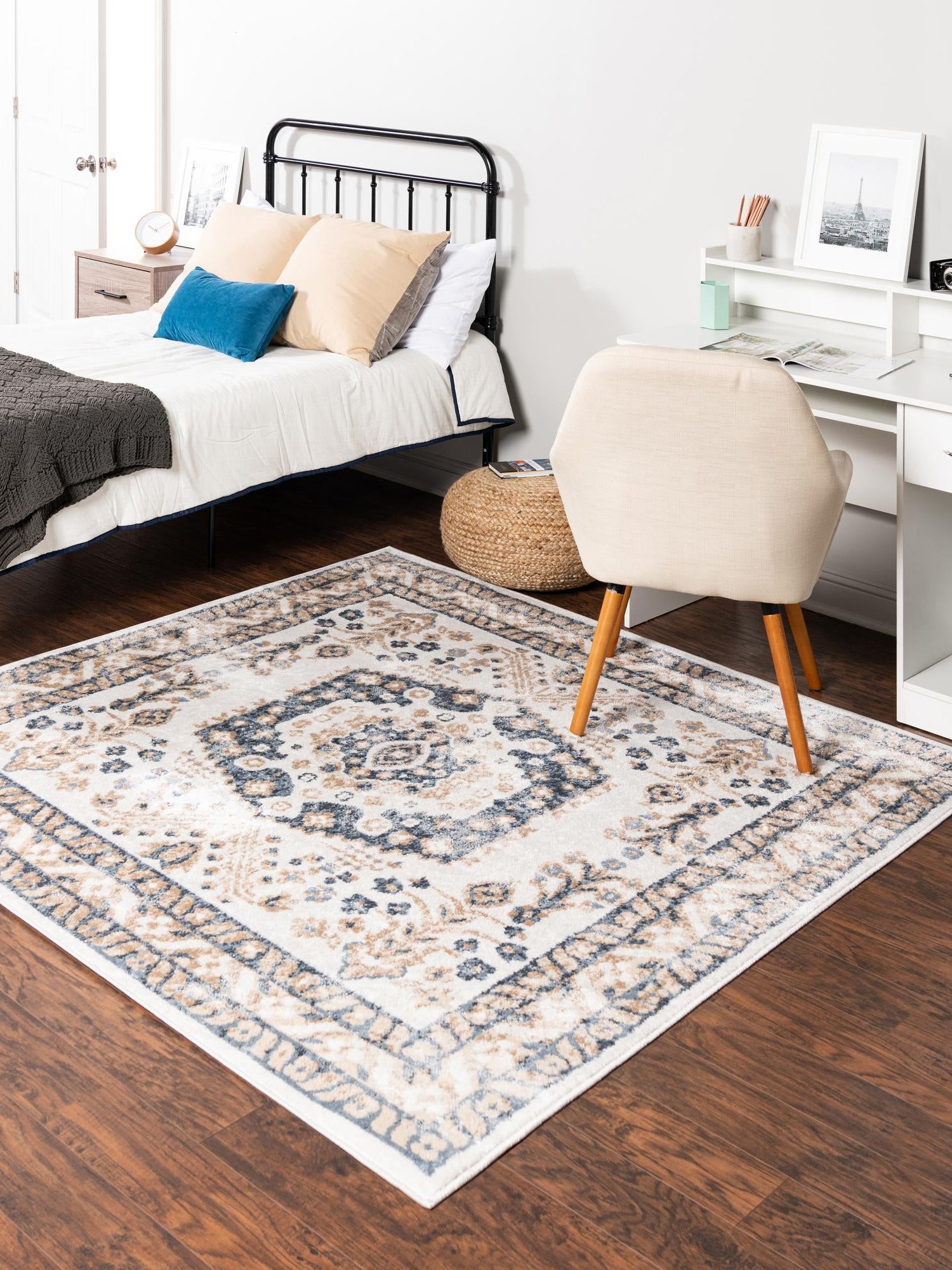 Cream 7' 10 x 7' 10 Oxford Square Area Rug Traditional Design 100% Polypropylene Carpet for Living Room, Bedrooms, Dining, Office for Sale at Rug Engine